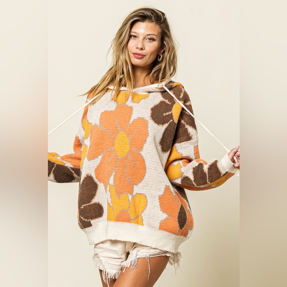 Bibi Flower Pattern Drawstring Hooded Sweater - image 4